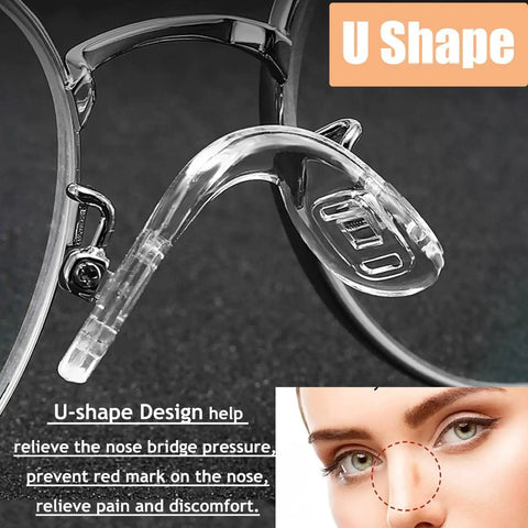 5 Piece Screw In U Shaped Eyeglass Nose Pads Super Comfy Hella Soft Silicone showing a close-up of U-shape design for comfort.