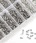 Premium Stainless Steel Glasses Screws Repair Kit With Micro Nuts Washers Hardware Set For Spectacles Watches And Gadgets 1000 Piece Collection in clear organizer with assorted screws.
