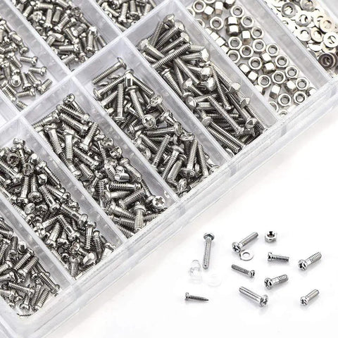Premium Stainless Steel Glasses Screws Repair Kit With Micro Nuts Washers Hardware Set For Spectacles Watches And Gadgets 1000 Piece Collection in clear organizer with assorted screws.