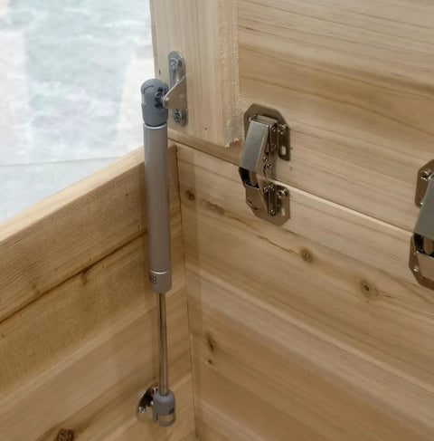 Installed Two Pack Soft Close Toy Box Hinges With 100N Gas Strut for heavy curved round arched and flat lids on wooden box