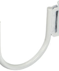 Curved E-Track J-Hook in white powder coated steel for horizontal E-Track storage systems, heavy duty garage organizer for ropes and gear.