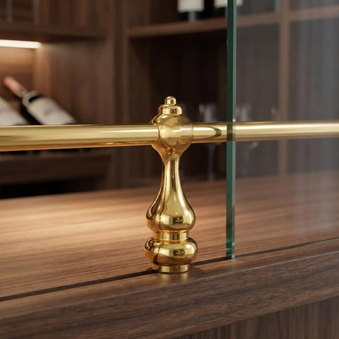 Close-up of Golden Zinc Alloy Shelf Rail Brackets set on wood shelf with glass partition, part of 24 pieces with enhanced stability.
