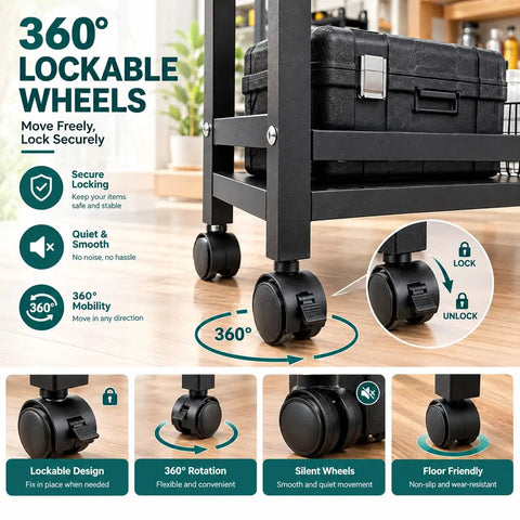 Portable Storage Rack With 4 Tier Shelving And 3 Side Wire Baskets A Real Deal Heavy Duty Cart that features 360° lockable wheels for stability.