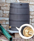 Solid Brass Water Tank Bulkhead Fitting Connector One Half Inch Female To Three Quarter Inch Male With Threaded Quick Connector And Embedded Gasket Plus Two Rubber Rings For Leakproof Garden Hose Thread Compatible And Tank Setup installed on a rain barrel