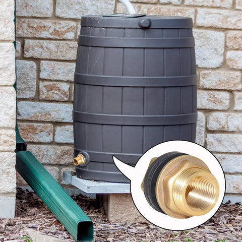 Solid Brass Water Tank Bulkhead Fitting Connector One Half Inch Female To Three Quarter Inch Male With Threaded Quick Connector And Embedded Gasket Plus Two Rubber Rings For Leakproof Garden Hose Thread Compatible And Tank Setup installed on a rain barrel