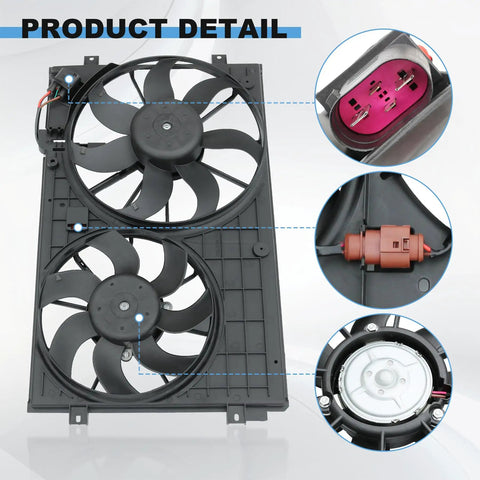No Sweat Dual Electric Radiator Cooling Fan Assembly Direct Swap Fit For Vw Golf Beetle Jetta Rabbit 2.0L 2.5L showing dual fans and connectors.