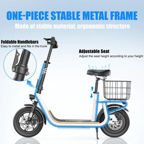 Peak 800W Electric Scooter With Seat For Adults, ergonomic design, foldable handlebars, adjustable seat, blue frame