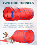 All In One Dog Agility Training Kit With Jump Bar Hurdle Blind Tunnel Standard Tunnel Weave Poles And Easy Carry Case For Indoor And Outdoor Fitness And Fun showing red dog tunnels.