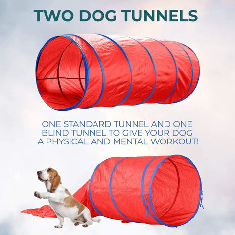 All In One Dog Agility Training Kit With Jump Bar Hurdle Blind Tunnel Standard Tunnel Weave Poles And Easy Carry Case For Indoor And Outdoor Fitness And Fun showing red dog tunnels.
