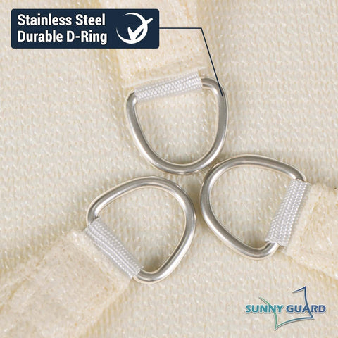 Close-up of stainless steel D-ring on Butter Cream 10 Ft By 13 Ft Sun Shade Sail UV Blocking For Backyard Deck Patio Garden And Outdoor Spaces