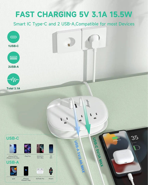 US To Europe Travel Plug Adapter With 3 Outlets And 3 USB Ports USB C European Power Strip With 3 Foot Cord charging devices