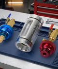 Noteflora Auto AC Maintenance Kit With Visual Oil Filter And Brass Injector Tool showing blue valve, clear oil filter, and red connector on workbench.