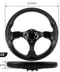 Sweet Upgrade Universal Golf Cart Steering Wheel Featuring Legit Skid Design 12.5 Inch All Black Aluminum Build for Club Car Ezgo Rxv Txt Valor Ds Onward And Yamaha Models - top view with dimensions