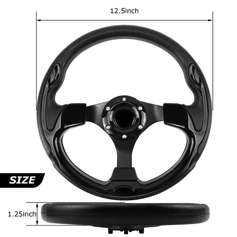Sweet Upgrade Universal Golf Cart Steering Wheel Featuring Legit Skid Design 12.5 Inch All Black Aluminum Build for Club Car Ezgo Rxv Txt Valor Ds Onward And Yamaha Models - top view with dimensions