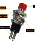 Close-up of a red and black 30 Pack SPST Momentary Push Button Switches Normally Open 1A 250V AC Two Pin PBS-110 with labeled parts
