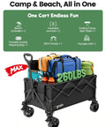 Foldable Utility Wagon With 42 Inch Telescoping Handle And All Terrain Wheels loaded with camping gear, 260 lbs capacity.