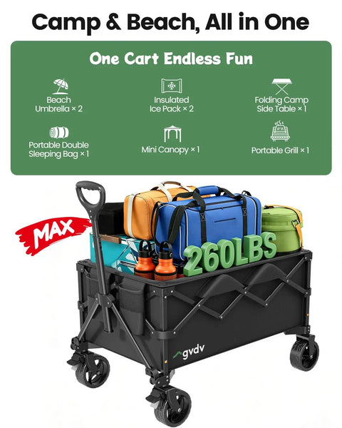 Foldable Utility Wagon With 42 Inch Telescoping Handle And All Terrain Wheels loaded with camping gear, 260 lbs capacity.