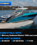 A blue boat compatible with Mercury Outboard Ignition Switch With 2 Keys And 6 Wire Connectors Push Button Start With Choke Replacement Part For Mercury 1994 And Later Boats 87 88107 87 88107A5 7 1155, on water with fitment information.