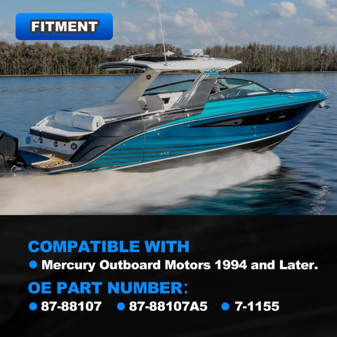 A blue boat compatible with Mercury Outboard Ignition Switch With 2 Keys And 6 Wire Connectors Push Button Start With Choke Replacement Part For Mercury 1994 And Later Boats 87 88107 87 88107A5 7 1155, on water with fitment information.