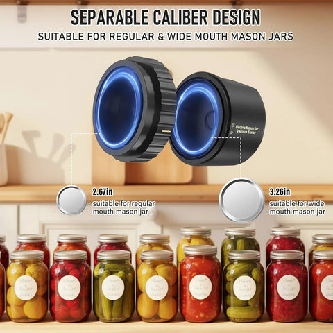 Separable caliber design for electric mason jar vacuum sealer kit, suitable for regular and wide mouth jars.