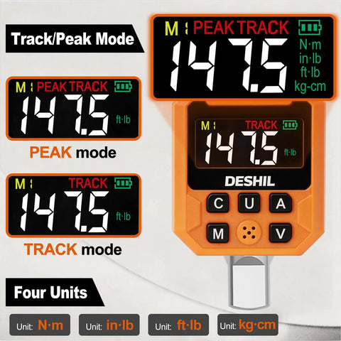 Digital Torque Adapter Set 1/2 Inch, Wide Range 7.4 To 147.5 Ft-Lb, 10 To 200 Nm, Pro Grade Torque Tool For Spark Plug Service, Bolts, Engine And Suspension Work, High Precision And Easy Readout. Digital torque adapter display showing peak and track modes, four units.