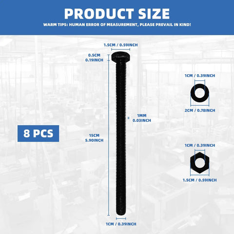 Built Tough For Any Job With This Heavy Duty Carbon Steel M10 X 150mm Hex Head Bolt Kit Featuring Smooth Nuts And Flat Washers 24 Piece Set product size image showcasing bolt and nut dimensions in centimeters and inches.