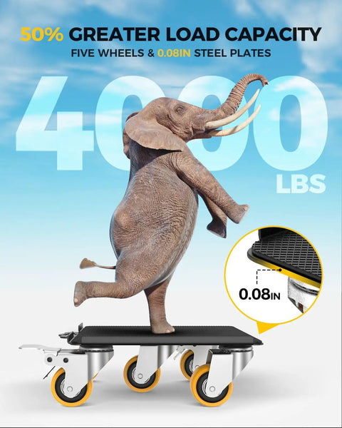 Five Wheel Heavy Duty Furniture Dolly With 4000 Lb Capacity Carbon Steel Panel Lifter And 360 Degree Silent Rubber Wheels Six Point Nine Inch Square Platform For Moving Desks Tables And Appliances In Home Or Workshop