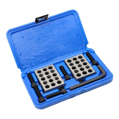 Blue plastic case holding two silver precision-ground machinist setup blocks with multiple holes and a hex wrench