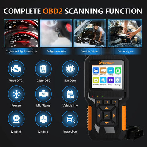 Display of New 2026 12V/24V OBD2 Diesel Diagnostic Scanner for heavy-duty trucks and cars with scanning functions highlighted.