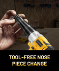 Cordless Pro Grade Rivet Gun Compatible With 20V Max Batteries in hand showing tool-free nose piece change