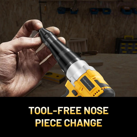 Cordless Pro Grade Rivet Gun Compatible With 20V Max Batteries in hand showing tool-free nose piece change