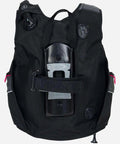 Back view of Pro HD Dive BCD For Women With SURELOCK II Weight Release System, black fabric with secure weight system.