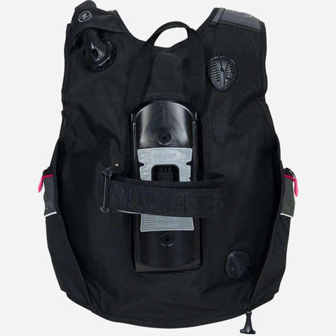 Back view of Pro HD Dive BCD For Women With SURELOCK II Weight Release System, black fabric with secure weight system.