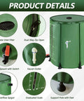 100 Gallon Collapsible Rain Barrel With Water Level Indicator For Easy Garden Watering And Farm Irrigation, Large Capacity Rainwater Tank With Spigots, Overflow Kit, Hoses, And Foldable Portable Design, showing product details like filters, outlets, and support poles.