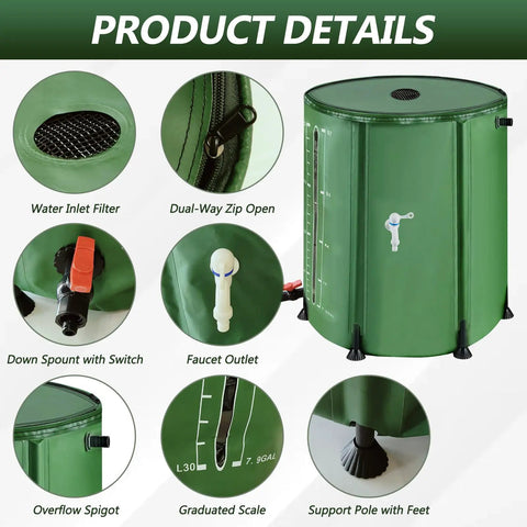 100 Gallon Collapsible Rain Barrel With Water Level Indicator For Easy Garden Watering And Farm Irrigation, Large Capacity Rainwater Tank With Spigots, Overflow Kit, Hoses, And Foldable Portable Design, showing product details like filters, outlets, and support poles.