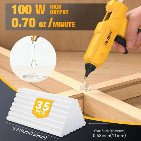 Cordless 100W Hot Glue Gun For 20V Max Battery Full Size Handheld Glue Tool with 35 Glue Sticks being used on wood