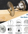 Close-up of Pro Grade Diamond Cutting Discs Set For Metal And Stone on drill, cutting wood with high-speed steel blade, 31pc kit.
