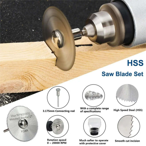 Close-up of Pro Grade Diamond Cutting Discs Set For Metal And Stone on drill, cutting wood with high-speed steel blade, 31pc kit.