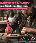 Front view of pink HARDELL mini cordless rotary tool with 69 accessories being used on a wood craft