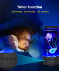 Child gazing at Jellyfish Lamp With Bluetooth White Noise Sound, 33 LED 7 Color Changing Lights, aquarium mood light in dim room.