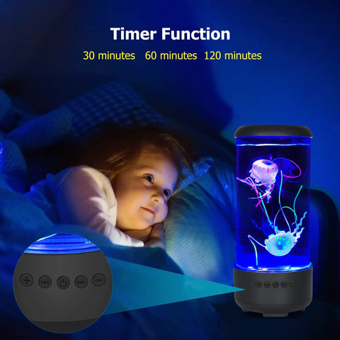 Child gazing at Jellyfish Lamp With Bluetooth White Noise Sound, 33 LED 7 Color Changing Lights, aquarium mood light in dim room.