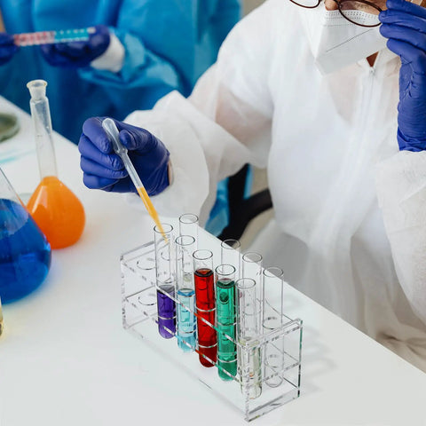 Scientist using pipette with Two Piece Acrylic Test Tube Holder Rack With 12 Socket Vial Stand, Clear Lab Organizer.