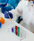 Two Pack Acrylic Test Tube Rack With Twelve Wells For 10ml Tubes in use during lab experiment with colored liquids