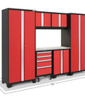 Complete 7 Piece Badass Steel Garage Storage Set With Locking Rolling Tool Chest, red steel cabinets and work table, 77.25 x 108 inches.