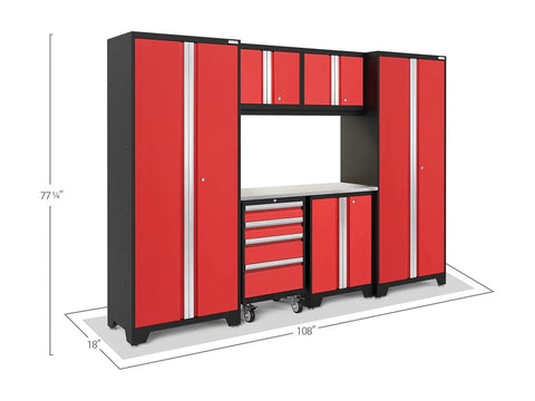 Complete 7 Piece Badass Steel Garage Storage Set With Locking Rolling Tool Chest, red steel cabinets and work table, 77.25 x 108 inches.