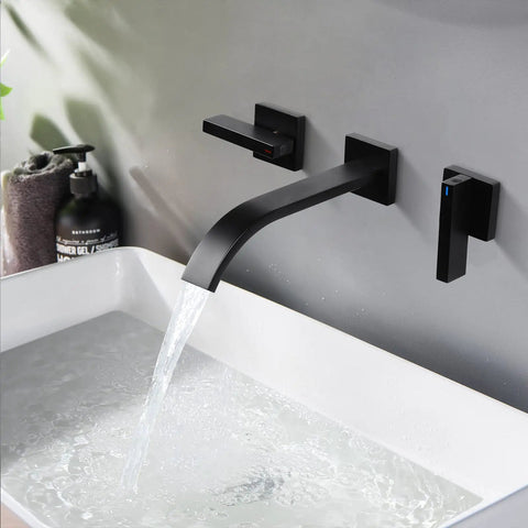 Matte Black Brushed Brass Wall Mount Bathroom Faucet With Two Handles Solid Brass Construction Wall Mounted Sink Faucet