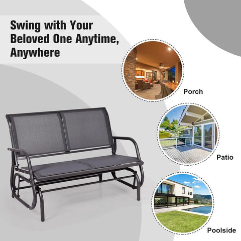 Built For Two Patio Glider With Rocking Swing Bench For Outdoor Chill Heavy Duty Steel Frame Breathable Seat Fabric Double Rocker Loveseat Chair For Poolside Garden Backyard And Porch shown in grey with outdoor setting examples