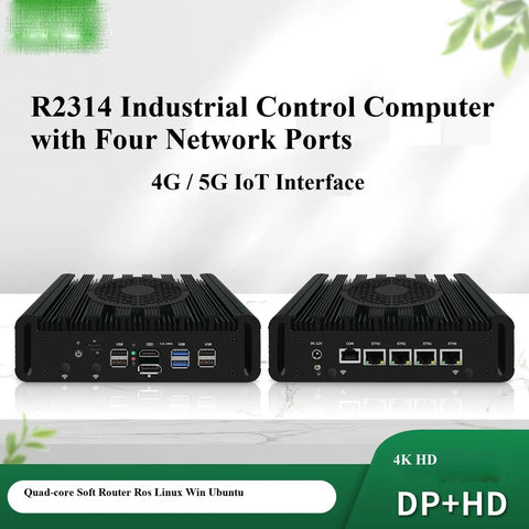 Kickbutt Compact Mini PC Fueled By The Versatile Amd Ryzen R2314 Chipset Paired With Four Dope 25G Ethernet Ports For Zero Fuss Openwrt Router Builds And Straight Up Flawless Esxi Hosting view showing dual-sided design and four network ports