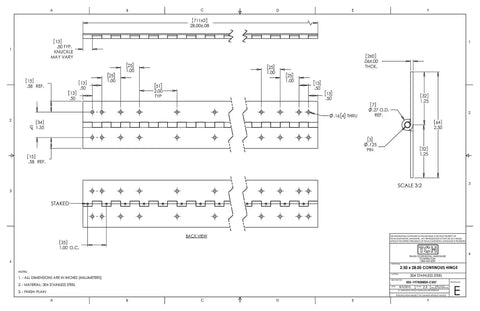 Heavy Duty 28 Inch Continuous Piano Hinge Made From Top Shelf 304 Stainless Steel technical drawing with dimensions and details.