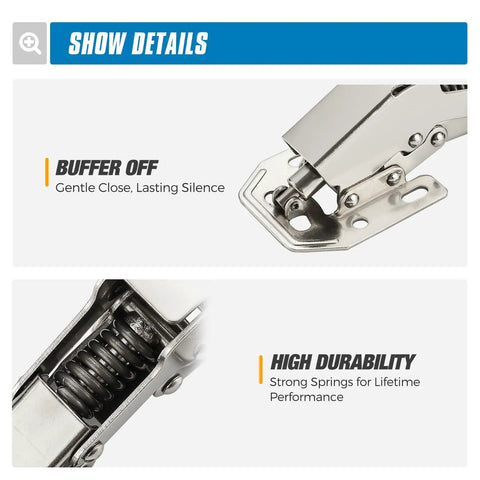 Close-up view of soft close hidden cabinet hinge, highlighting buffer mechanism and durable springs for controlled, silent closure.